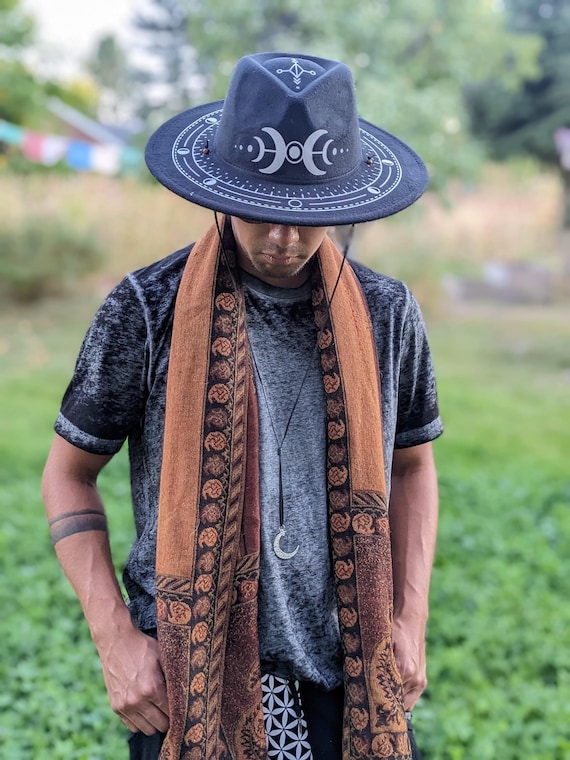 Reflective Moon Phases Black Felt Wide Brim Hat