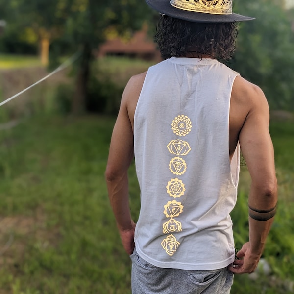 Reflective Chakras Cut Off Shirt| Holographic Chakra Shirt| Men's Yoga Shirt| That Electric Touch Graphic Shirt | Men's Festival Cut Off|