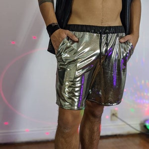 Silver Iridescent Men&#39;s Shorts| Rave Shorts Holographic| Rave Shorts| Men&#39;s Drawstring Shorts
