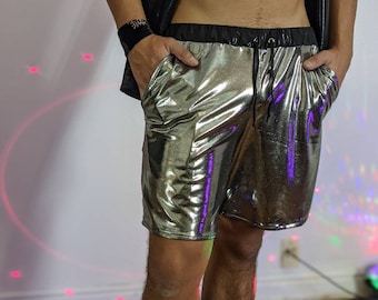 Silver Iridescent Men&#39;s Shorts| Rave Shorts Holographic| Rave Shorts| Men&#39;s Drawstring Shorts