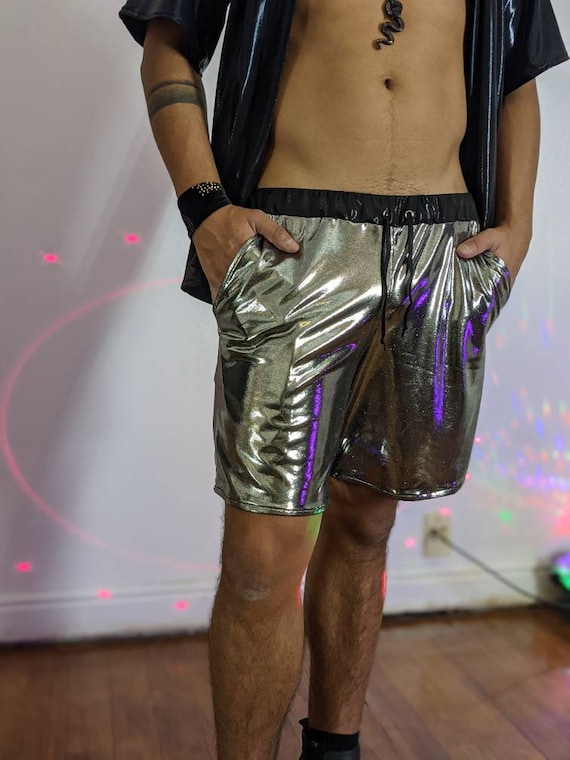 Silver Iridescent Men s Shorts Rave Shorts Holographic Rave Shorts Men s Drawstring Shorts Etsy