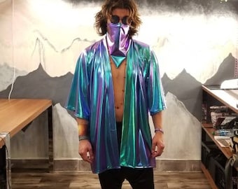 Men's Iridescent Kimono: Blue Foil Rave Festival Jacket