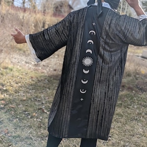 Celestial Rave Kimono | Reflective Moon Phase Velvet Kimono| Black Holographic Cloak| Festival Jacket | Festival Robe| Moon Festival Cloak |