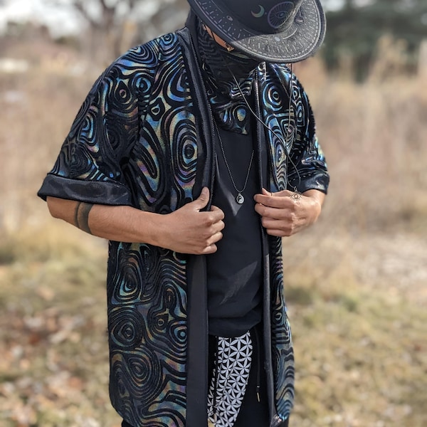 Holografischer Samt Kimono: Psychedelischer Swirl Rave Top