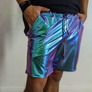 Holographic Men's Shorts| Rave Shorts Iridescent| Rave Shorts| Men's Drawstring Shorts