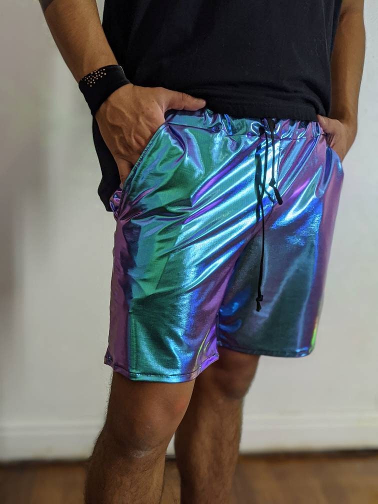 Holographic Men's Shorts| Rave Shorts Iridescent| Rave Shorts| Men's  Drawstring Shorts