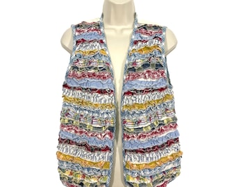 Chaleco acolchado vintage Susan Bristol Crazy Yo Yo, talla mediana, estilo cottagecore, con volantes y capas.