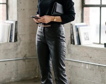 Hugo Buscati Vintage Black Leather Straight Leg Pants Sz 4 City Modern Mob Wife