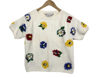 vintage Adrienne Vittadini Sport Floral Sweater Petit Pull Années 80 90 Coton