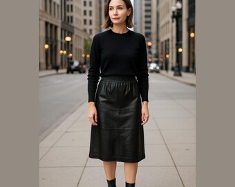 Vintage JFS Signature 100% Leather Midi Skirt Large Black Lined Elastic Waist