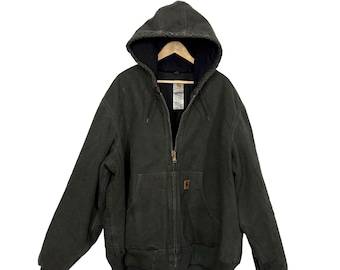 Vintage Carhartt Hooded Canvas Lined Work Jacket 2XL Mens Green Zip Front Chore