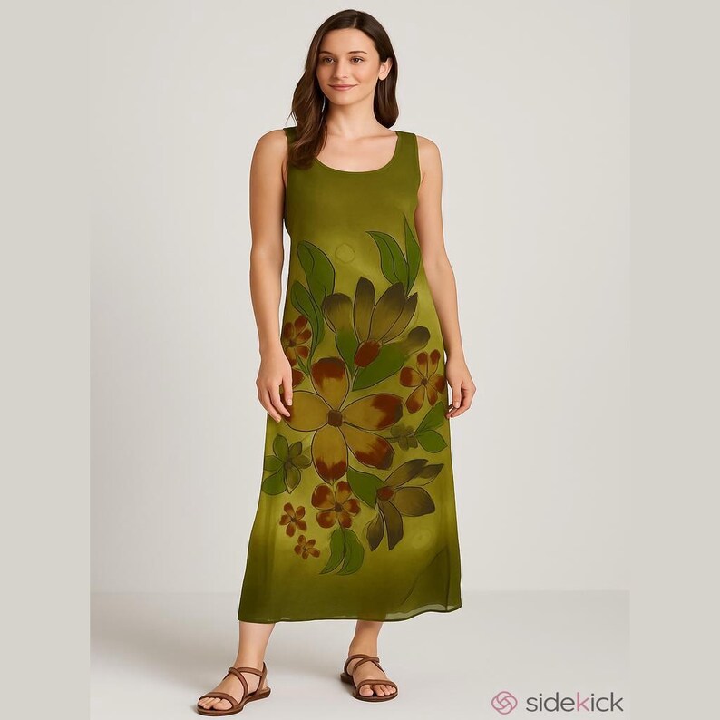 K&ouml;nnte beinhalten: Olivgr&uuml;nes &auml;rmelloses Maxikleid mit einem Blumenmuster in Braun- und Gr&uuml;nt&ouml;nen. Das Kleid hat einen Rundhalsausschnitt und eine flie&szlig;ende Silhouette. Das Blumendesign konzentriert sich auf die untere H&auml;lfte des Kleides.