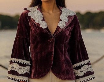 Victorian Steampunk Velvet & Lace Blazer Medium Red Purple Beaded Renaissance