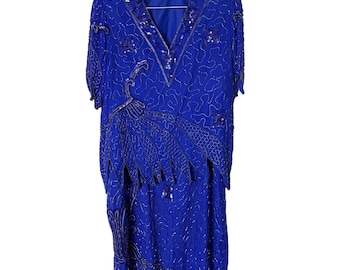 Laurence Kazar 2 Vintage Conjunto de falda de 2 piezas con lentejuelas y cuentas azul Talla Grande Gala