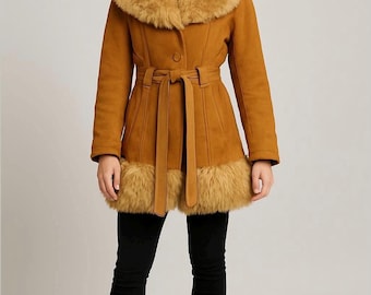 Vintage Penny Lane Afghan Suede Faux Fur Coat Jacket Sz. 10 Waist Tie Mob Wife Hippie Bohemian Festival