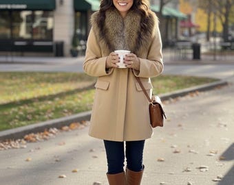 Donna Salyers-jas met kraag van imitatiebont XL Dames Beige Old Money Quiet Luxury