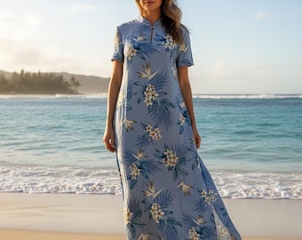 Hilo Hattie Vtg Hawaiian Maxi Dress Large Blue Mandarin Collar Resort Vacation