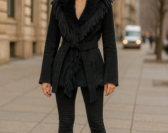 Vintage Raffaelo 70er Jahre Schwarze Wildleder Jacke XS Boho Penny Lane Afghan Gürtel