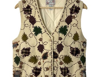 Vintage New Directions ullväst med höstlöv, liten dam, träknappar