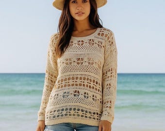 Vintage Style New York Crochet Lace Floral Sweater MED Boho Cottagecore Festival
