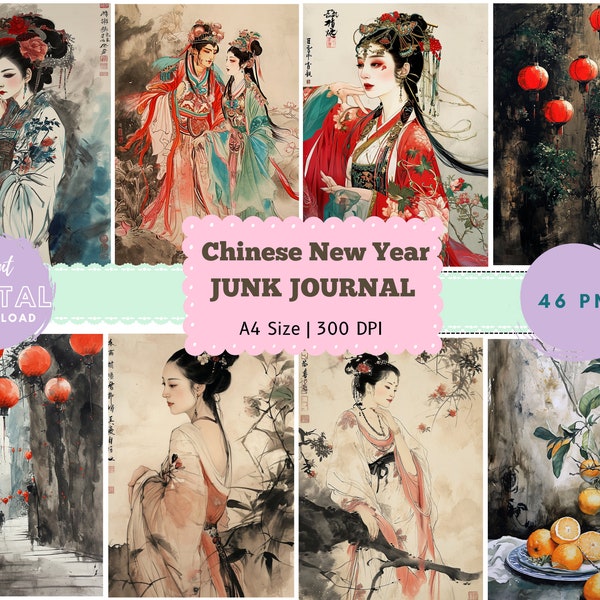 Chinese New Year Junk Journal Kit Whimsical Chinese New year Digital Paper digital printables Junk Journal Paper junkjournal commercial use