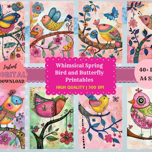 Whimsical Spring Junk journal Printables Whimsical Spring Bird and Butterfly Junk journal Printables Whimsy Bright Spring digital paper