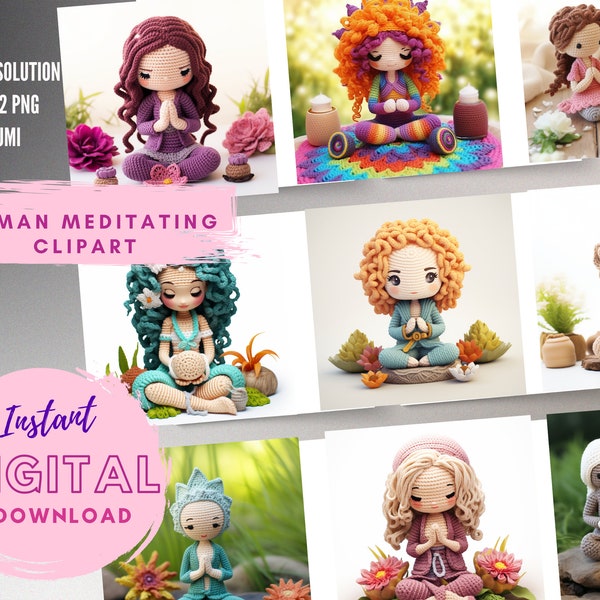 Spiritual Woman Meditation amigurumi Clipart PNG Bundle, women meditating, amigurumi art |Commercial use | Digital Download