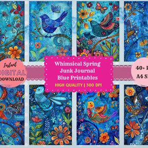 Spring Junk journal Printables Whimsical Spring in Blue Junk journal Printables Whimsy Bright Spring digital paper Scrapbooking