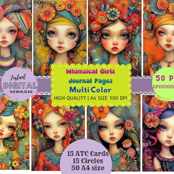 Whimsical Girls Printables Whimsical Girls ATC Cards Junk Journal kit Digital Download Scrapbooking Ephemera kit Whimsical girls digitals