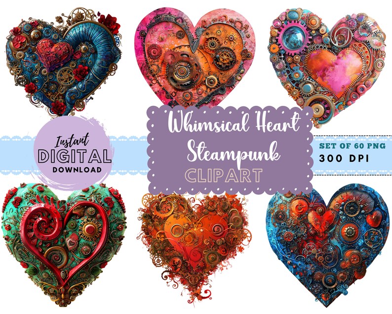 Whimsical Heart Clipart PNG Heart Clipart Bundle Steampunk Heart ...