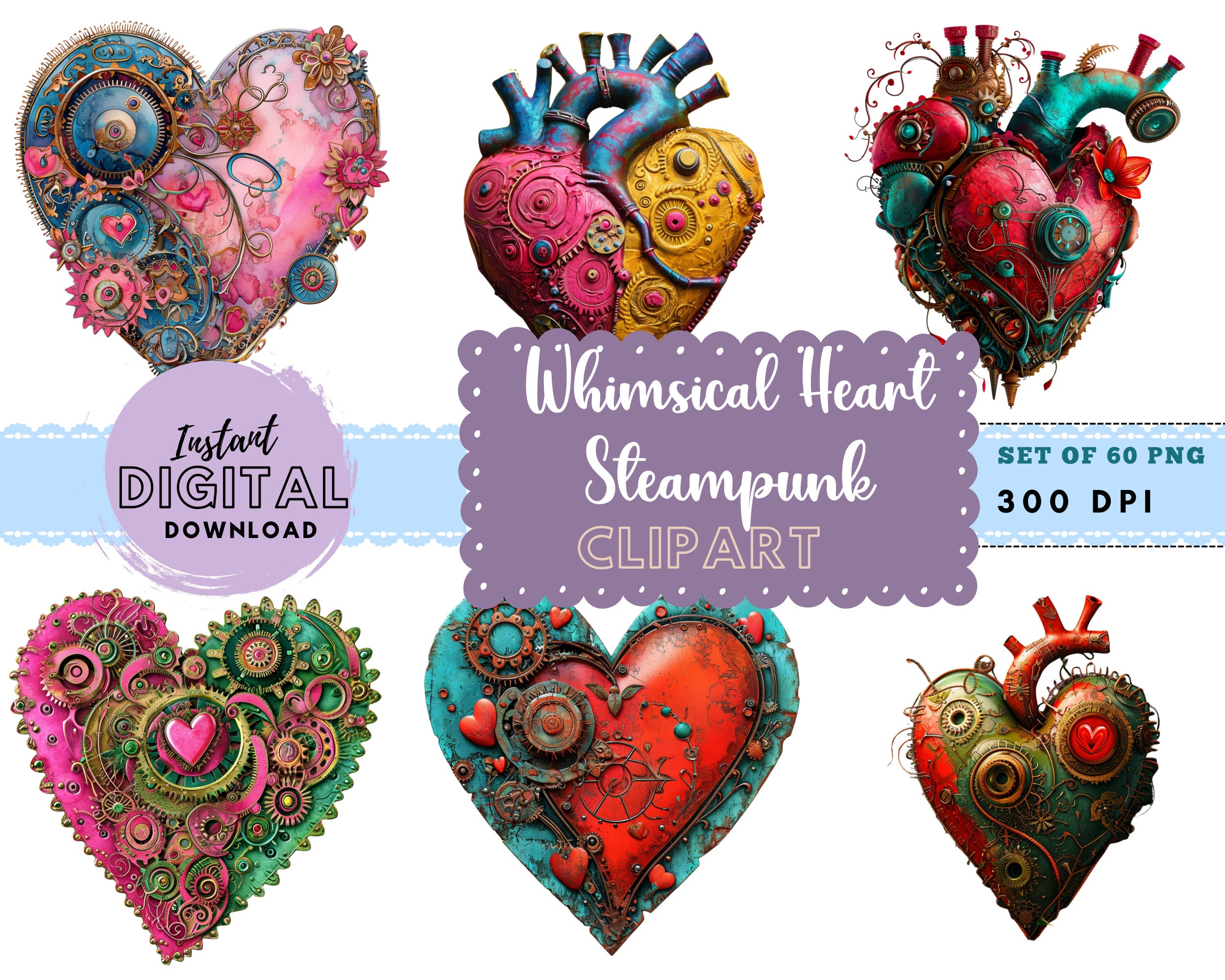 Whimsical Heart Clipart PNG Heart Clipart Bundle Steampunk Heart ...