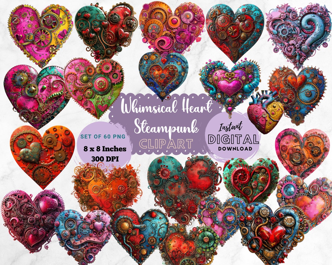 Whimsical Heart Clipart PNG Heart Clipart Bundle Steampunk Heart ...