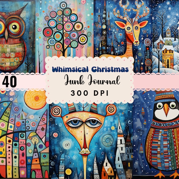 whimsical christmas junk journal kit digital printables, christmas scene, winter christmas junkjournal ,Junk Journal Paper, Digital Download