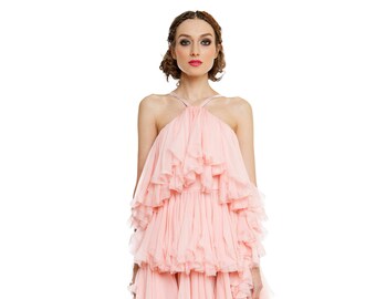 Asymmetrical creppon dress with rich ruffles