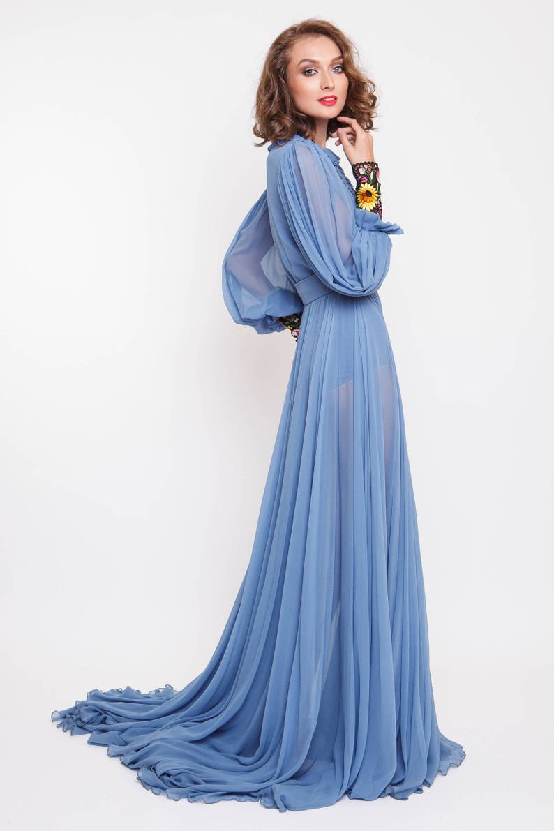 CHIFFON MAXI DRESS Silk Maxi Dress Embroidered Cuffs - Etsy
