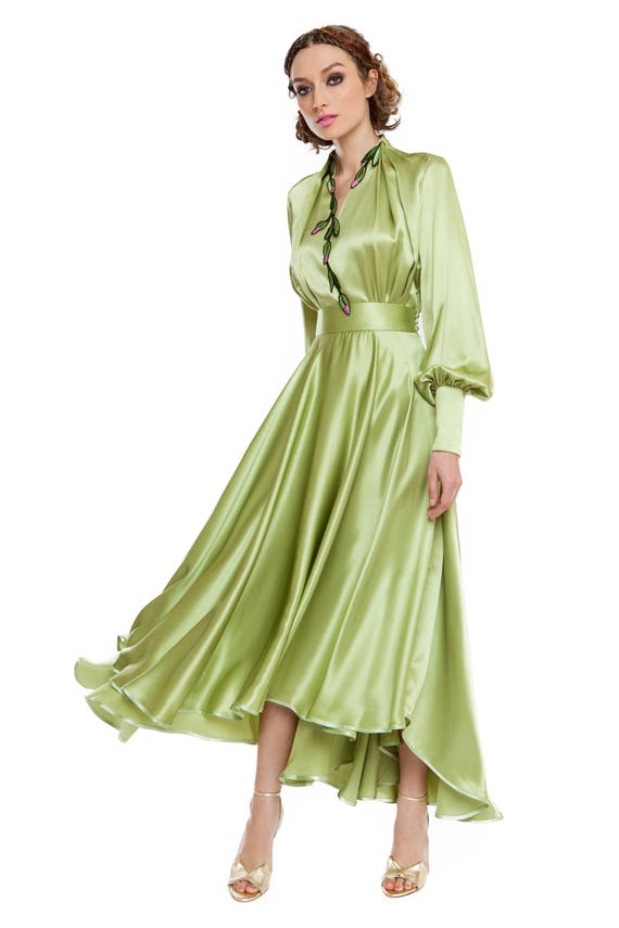 green silk dress long sleeve