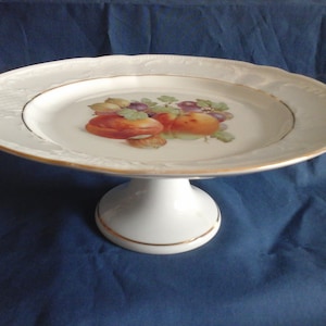 Vintage JKW Bavaria footed cake stand peaches and gooseberries 9 1/2 inches wide 1950s