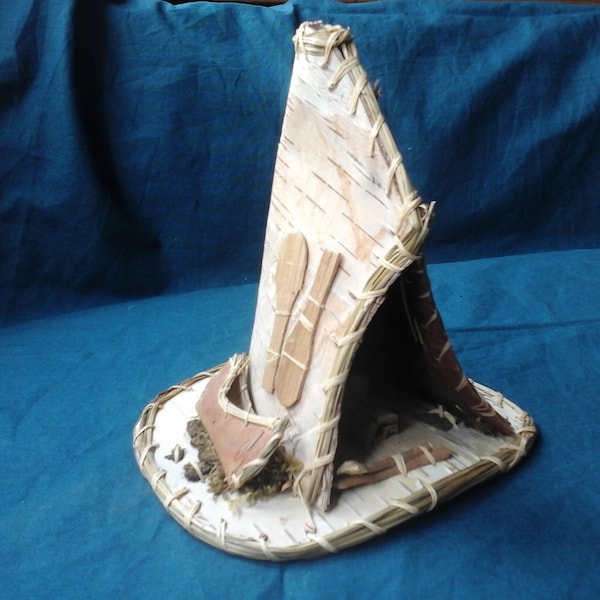 Vintage birch bark teepee with canoe and girl inside table top decor 6 1/2 inches high First Nations craft
