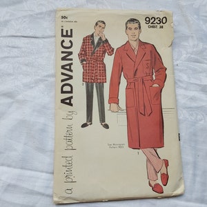 May include: Vintage sewing pattern for a man's robe, pattern number 9230, chest size 38. The pattern is from Advance, a printed pattern company. The pattern shows a man wearing a red robe with a black belt and a monogram on the pocket.