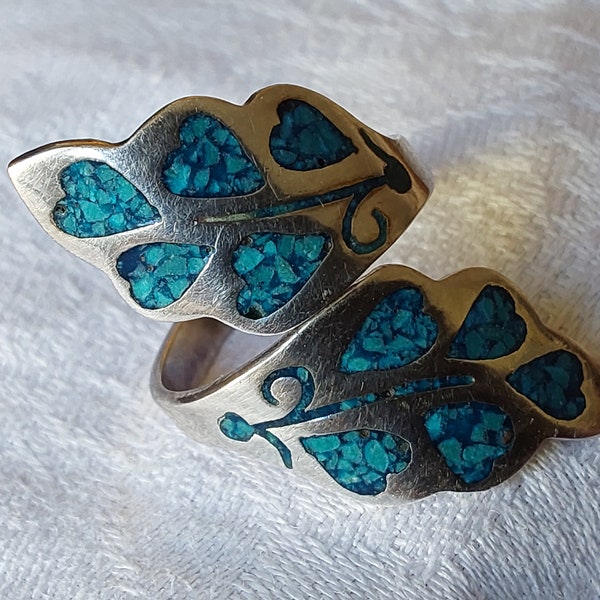 Vintage 1970s turquoise sterling silver adjustable ring Mexico small hearts