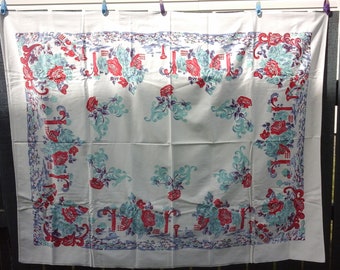Vintage 1950s rectangular tablecloth with red and teal roses lavender leaves garden scenery mid century