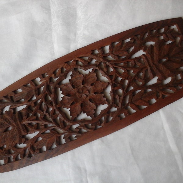 Vintage 1970s boho hand carved sheesham wood wall plaque | long trivet with botanicals leaves flower from India