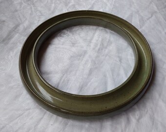 Very large and shallow posy ring green glaze handmade studio pottery signed Baty 9.5 inch