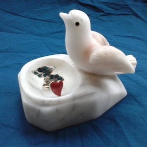 Charming vintage hand carved alabaster trinket dish ring dish with dove Italy 1930s 1940s