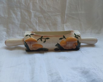 Vintage 1980s Arnel's ceramic mushroom planter shaped like a rolling pin 16 inches browns and beige speckled background great condition rare