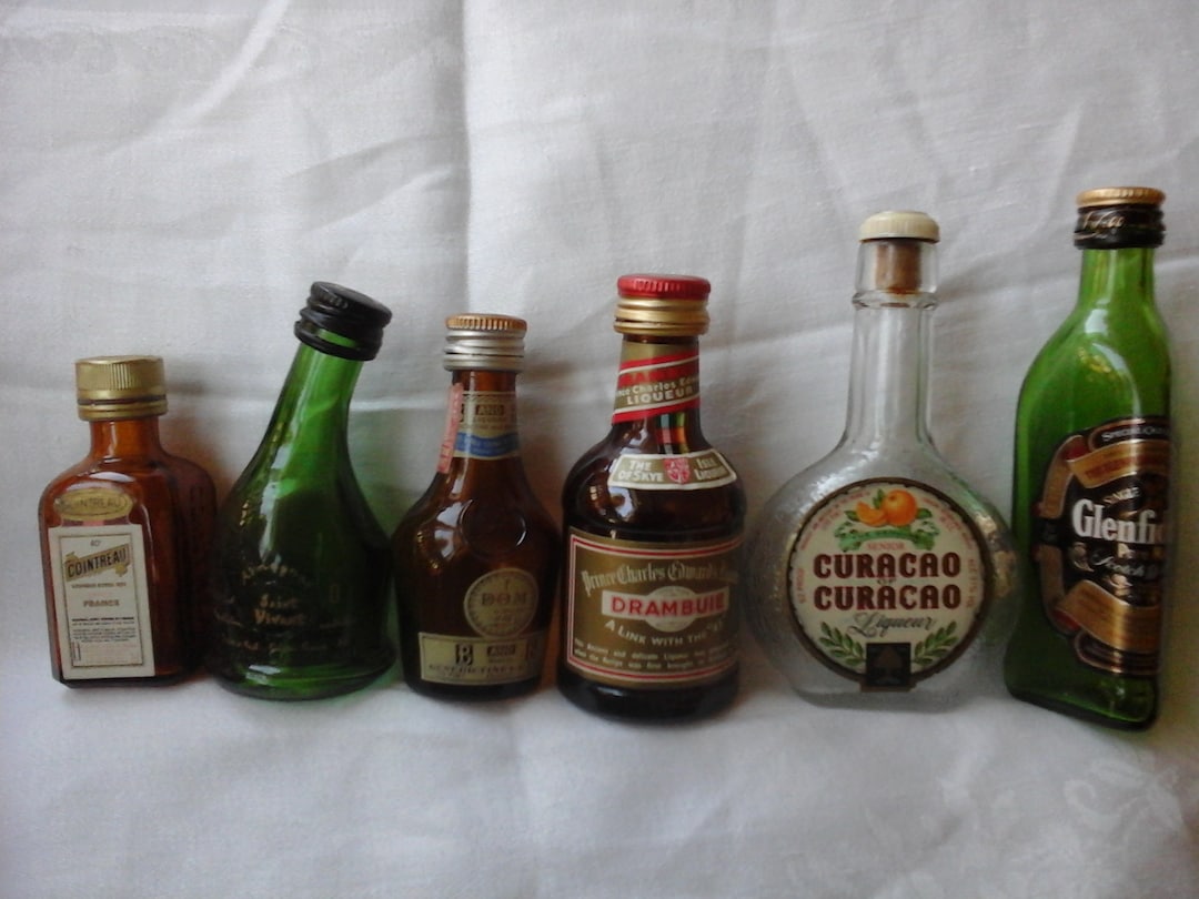 6 Vintage Miniature Liquor Glass Bottles Cointreau Benedictine Armagnac