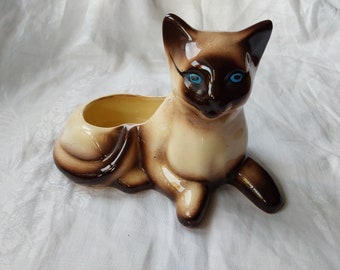 Vintage Siamese cat ceramic planter blue eyes Taiwan 1970s 1980s