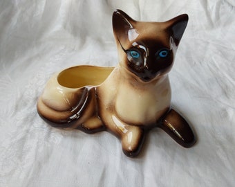 Vintage Siamese kat keramische plantenbak blauwe ogen Taiwan jaren 1970, 1980