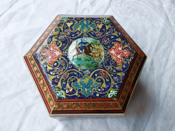 Vintage Hexagonal trinket box intricately hand pa… - image 1