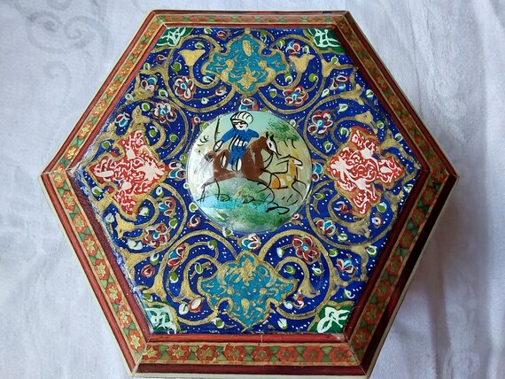 Vintage Hexagonal trinket box intricately hand pa… - image 4